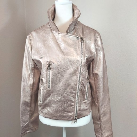 NWOT Signature 8 of Los Angeles Faux Leather Moto Jacket Champagne Color - Picture 13 of 17